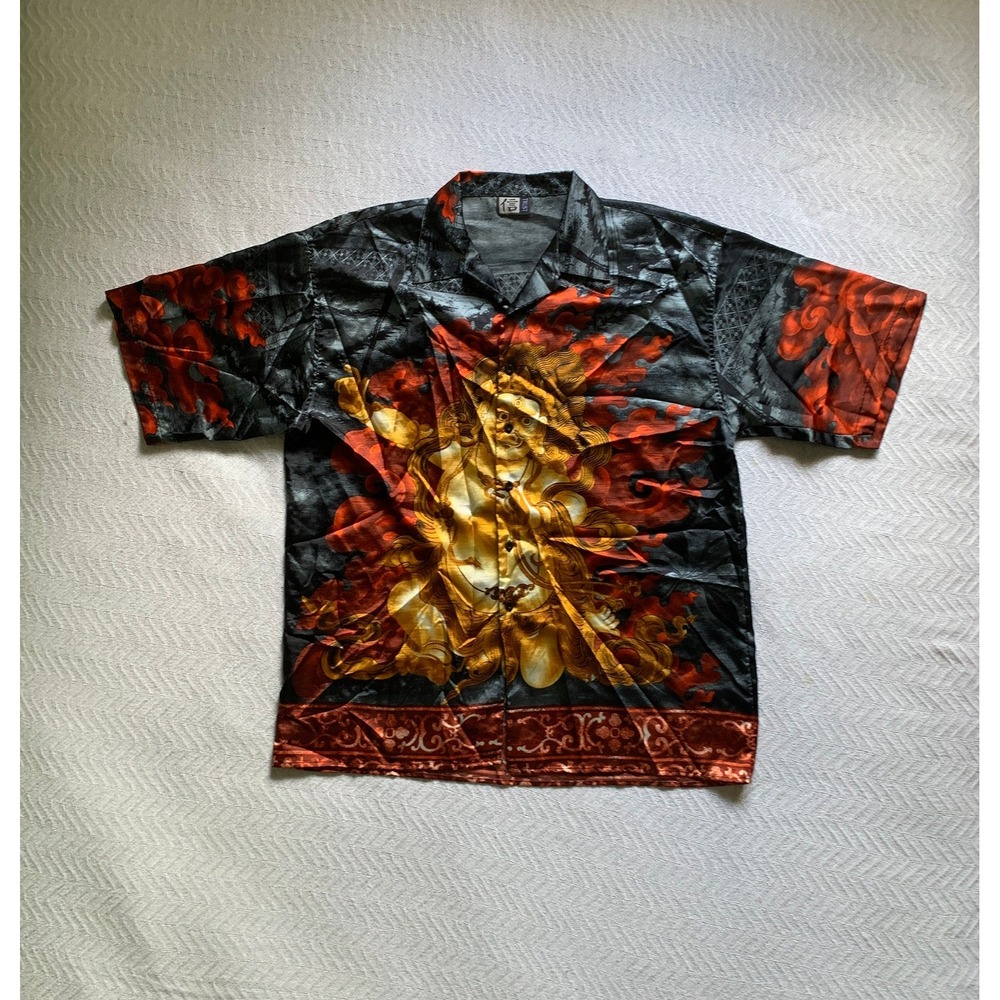 VTG Y2K Trust Shirt Mens Multicolor Japanese Fire Buddha‎ Shortsleeve Button Up